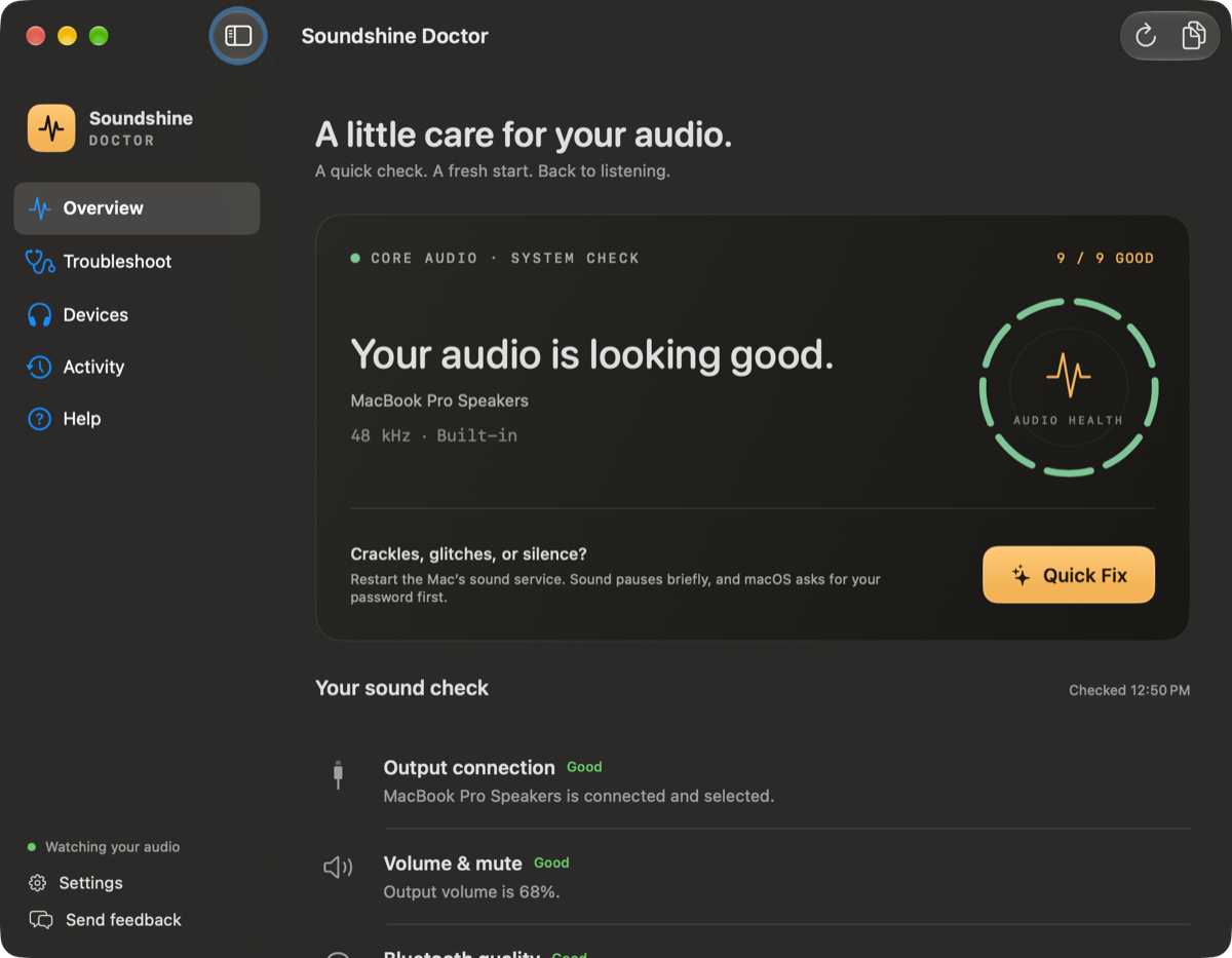 Soundshine Doctor showing a Mac's sound check with nine checks passing and a Quick Fix button